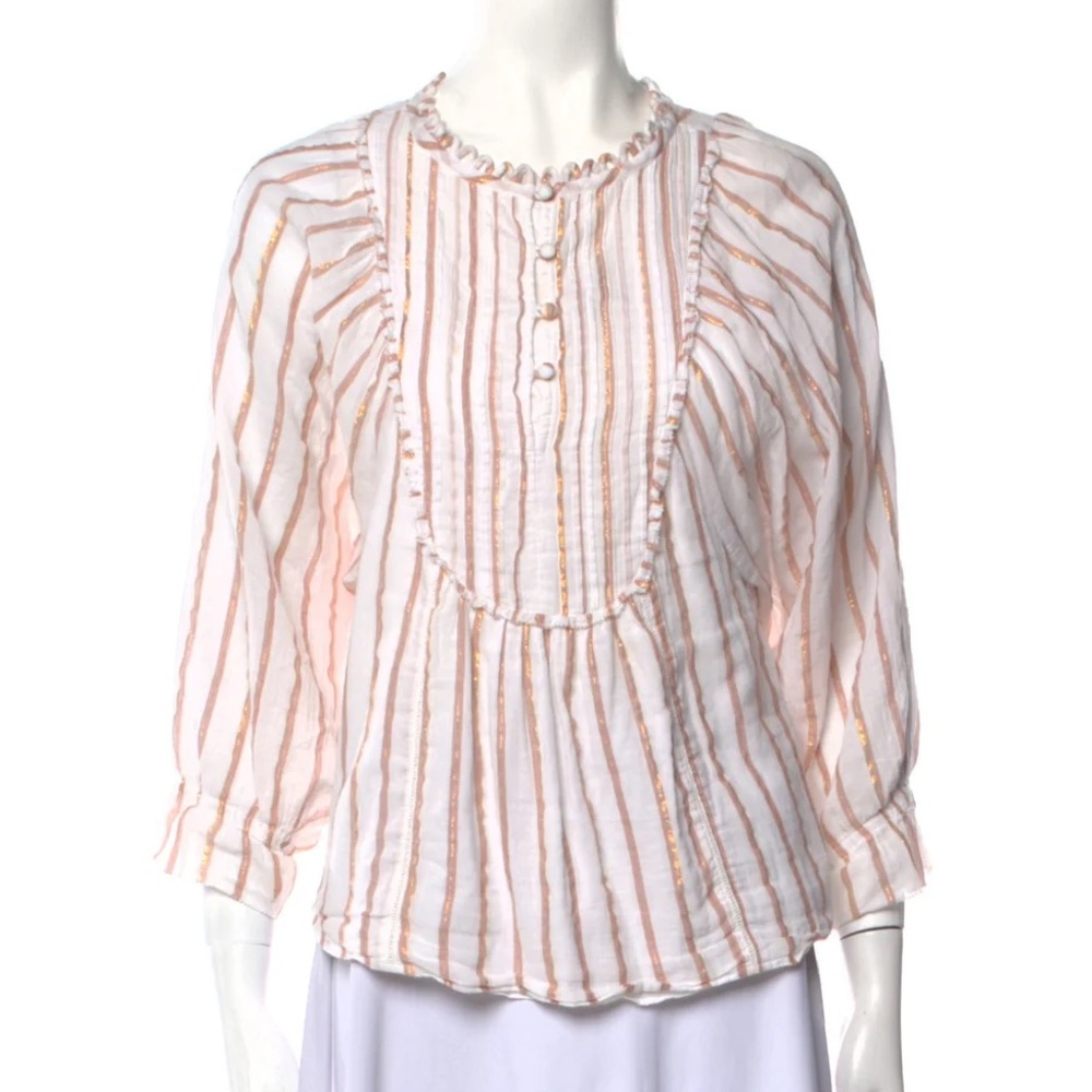 Apiece Apart Striped Ruffle Blouse - White and Pink